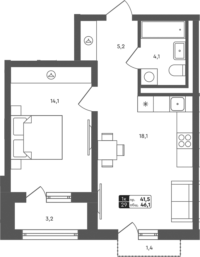 Планировка 1-к.кв, 46.1 м² в ЖК Совушки